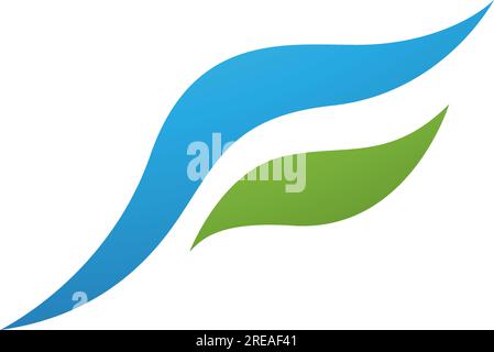 Blue and Green Flying Bird Shaped Letter F Icon on a White Background Stock Vector