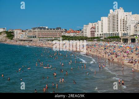 Biarritz beach full of people bathing and sunbathing on a summer afternoon. Stock Photo