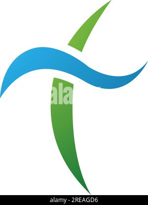 Green and Blue Curvy Sword Shaped Letter T Icon on a White Background Stock Vector