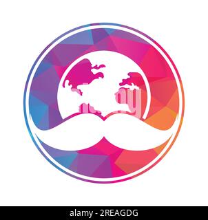 Mustache and globe vector icon logo design. World man day vector logo design template. Stock Vector