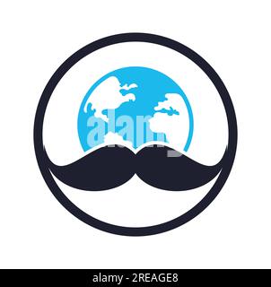 Mustache and globe vector icon logo design. World man day vector logo design template. Stock Vector
