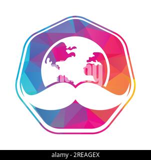 Mustache and globe vector icon logo design. World man day vector logo design template. Stock Vector