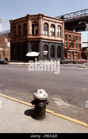 AJAXNETPHOTO. JULY, 1975. BROOKLYN, NEW YORK, USA. - OLD BANK - BROOKLYN BRIDGE TOWER EMERGING BEHIND NINETEENTH CENTURY COMMERCIAL BUILDINGS ON THE CORNER OF FRONT STREET AND CADMAN PLAZA WEST; THE OLD FULTON FERRY BANK AND TO ITS LEFT, THE OLDEST REMAINING 19TH CENTURY COMMERCIAL BUILDING BELOW THE DECK OF THE BROOKLYN BRIDGE SPANNING EAST RIVER BETWEEN PARK ROW MANHATTAN AND SANDS STREET, BROOKLYN, NEW YORK CiTY.   PHOTO:JONATHAN EASTLAND/AJAXREF:601874 136 2 Stock Photo