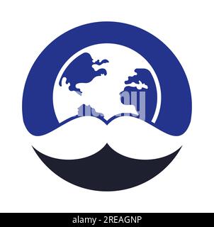 Mustache and globe vector icon logo design. World man day vector logo design template. Stock Vector