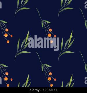 Watercolor seamless pattern with green eucalyptus branches and sea buckthorn flowers, watercolor print isolated on white background for textile or Stock Photo