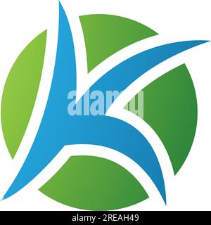 Green and Blue Round Pointy Letter K Icon on a White Background Stock Vector