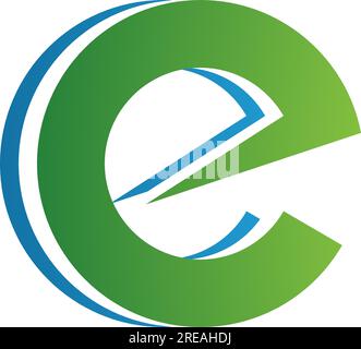 Green and Blue Round Layered Lowercase Letter E Icon on a White Background Stock Vector