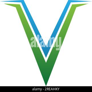 Green and Blue Spiky Shaped Letter V Icon on a White Background Stock Vector