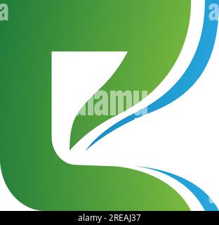 Green and Blue Wavy Layered Letter E Icon on a White Background Stock Vector