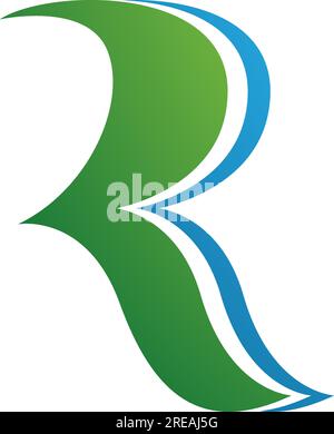 Green and Blue Wavy Shaped Letter R Icon on a White Background Stock Vector