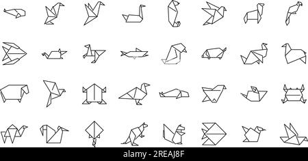 Origami animals icons set outline vector. Fish paper. Fox low poly Stock Vector