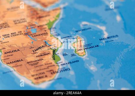 world map of african countries and arabian sea, madagascar island and zambia in close up focus Stock Photo