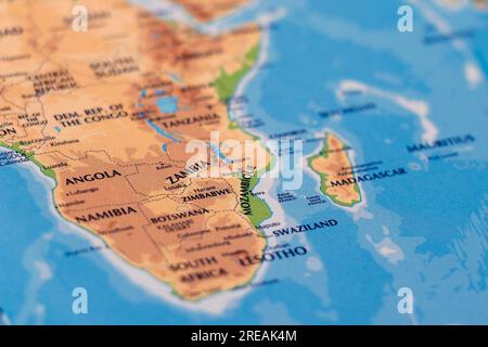 world map of african countries and arabian sea, madagascar, zimbabwe and zambia in close up focus Stock Photo