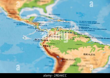 world map of south american countries and colombia, venezuela, ecuador, panama in close up focus Stock Photo