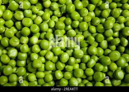 Background of fresh green peas, texture of perfect grains of peeled sweet peas as a background, top view, close-up. Vegetable background Stock Photo