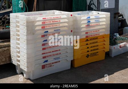 Portree, Isle of Skye, Scotland, UK. 5 June 2023.  Plastic fish storage boxes on the quay in Portree, Skye, UK Stock Photo