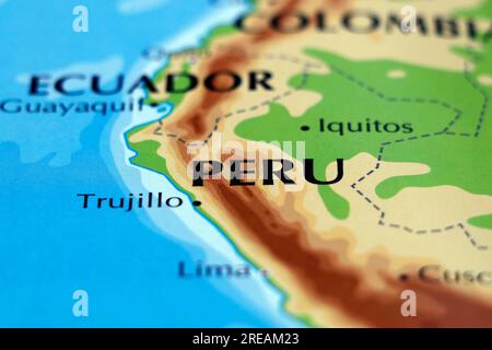 world map of south american continent and Peru in close up focus Stock Photo