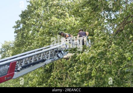 Milan, Italy. 27th July, 2023. Great coordinated work of firefighters, military and Italian army vehicles to free roads and trapped cars after the extremely violent storm of 25 July. Credit: Independent Photo Agency/Alamy Live News Stock Photo