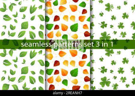 Multicolored autumn seamless pattern set 3 in 1 of summer green and autumn birch leaves on a white background Stock Vector