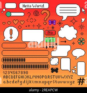 Pixel dialog and other 8 bit game interface elements. Speech bubble, buttons yes no, alphabet upper and lower case, heart, cursor, star sparkles. Stock Vector