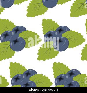 Seamless pattern of 3 blueberries and leaves in trendy shades. Healthy eating. Abstract background texture. Vector illustration. EPS. Isolate. Design for wrapping, wallpaper or poster, banner, cards Stock Vector