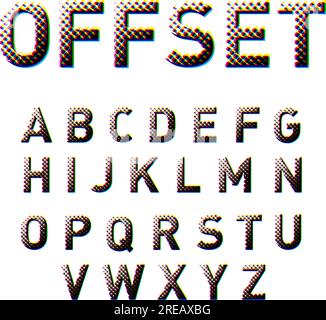 Offset Display Alphabet Letters Set with Dots and Yellow Halftone. Isolated English Alphabet Font Collection on White Background for Title or Headline Stock Vector