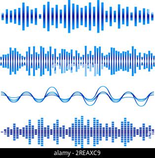 Abstract Music Waves Set. Blue Audio Soundtrack, Musical Vibrations. Radio Wave Icons. Music Frequency on White Stock Vector