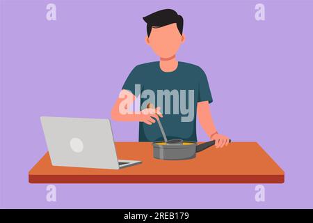 Cartoon flat style drawing young man cooking delicious meal for dinner and has video call conversation in kitchen. Talking with friend using applicati Stock Photo