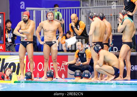 Fukuoka, Japan. 27th July, 2023. FUKUOKA, JAPAN - JULY 27: time out Japan with headcoach Yoshinori Shiota of Japan, Daichi Ogihara of Japan, Yusuke Inaba of Japan, Taiyo Watanabe of Japan, Seiya Adachi of Japan during the World Aquatics Championships 2023 Men's Waterpolo Classification 11th-12th place match between Canada and Japan on July 27, 2023 in Fukuoka, Japan (Photo by Albert ten Hove/Orange Pictures) Credit: Orange Pics BV/Alamy Live News Stock Photo