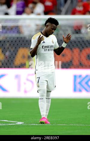 Houston, Texas, USA. 26th July, 2023. Real Madrid CF forward Vinicius Junior (7) prior to the Soccer Champions Tour match between Manchester United FC and Real Madrid CF at NRG Stadium in Houston, TX on July 26, 2023. (Credit Image: © Erik Williams/ZUMA Press Wire) EDITORIAL USAGE ONLY! Not for Commercial USAGE! Stock Photo