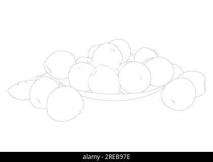 Vector illustration of peach fruit on plate. Half, slice and whole shape of peach, nectarine, apricot, apple. Peaches isolated on white background. Fl Stock Vector