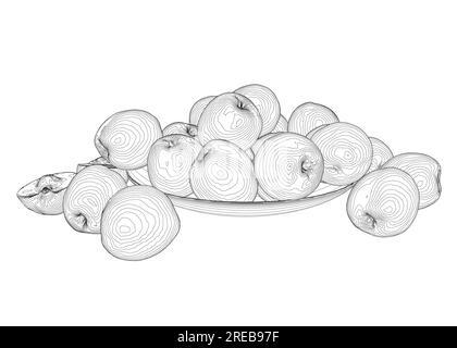 Vector illustration of peach fruit on plate. Half, slice and whole shape of peach, nectarine, apricot, apple. Peaches isolated on white background. Fl Stock Vector