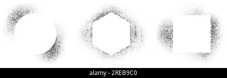 Square, circle and hexagon frames set with spray stencil effect. Grunge dotted border shadow collection. Faded noise shape bundle. Splattered elements for text box, banner, poster, template. Vector Stock Vector