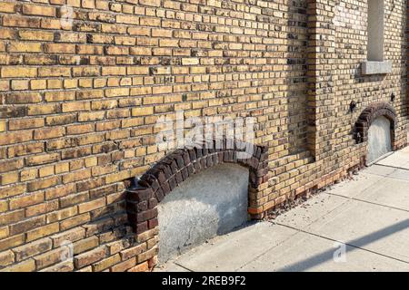 Full frame texture background of an attractive old mottled yellow and brown color brick wall, with view of an enclosed arched basement window Stock Photo
