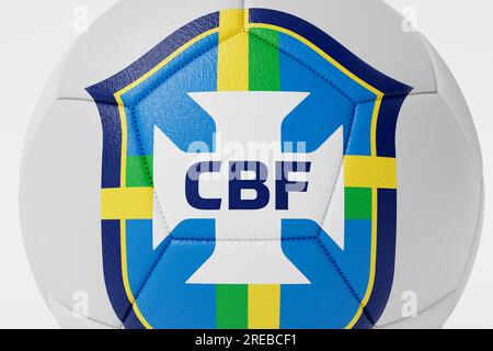 LONDON, UK - July 2023: Brazil national football team logo badge on a  soccer ball. 3D Rendering Stock Photo - Alamy