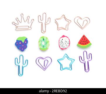 Colorful paper clips and erasers in different shapes on white background Stock Photo