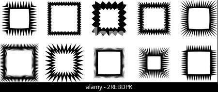 Zig zag edge square frames collection. Jagged shapes set. Black graphic design elements for decoration, banner, poster, template, sticker, badge. Vector Stock Vector