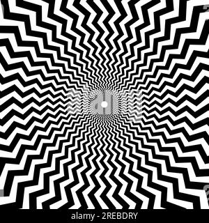 Optical illusion background. Black and white abstract distorted zigzag lines surface. Radial poster design. Hypnotic illusion wallpaper. Vector ornamental illustration Stock Vector