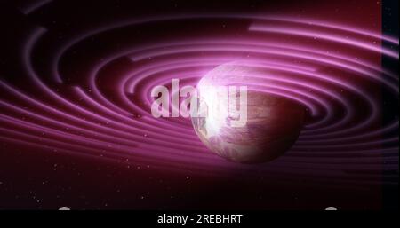 Abstract purple space planet with a round asteroid belt ring  futuristic hi-tech on the background of stars in open space. Stock Photo