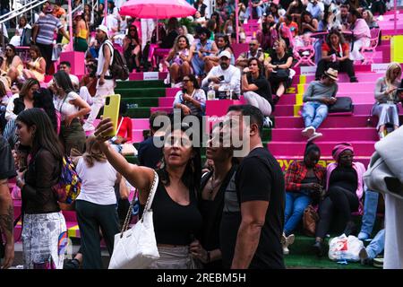 Medellin, Colombia. 26th July, 2023. Fashion enthusiasts and goers take part during the fashion fair 'Colombia Moda 2023' in Medellin, Colombia, July 26, 2023. Photo by: Mario Toro Quintero/Long Visual Press Credit: Long Visual Press/Alamy Live News Stock Photo