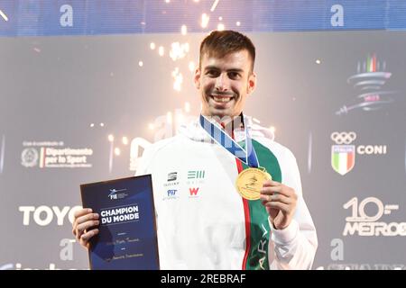 Champion Mate Tamas Koch of Hungary celebrates during the 2023 FIE Fencing World Championship Men's Epee medal ceremony in Milano, Italy on July 26, 2023. (Photo by Tadashi MIYAMOTO) Stock Photo