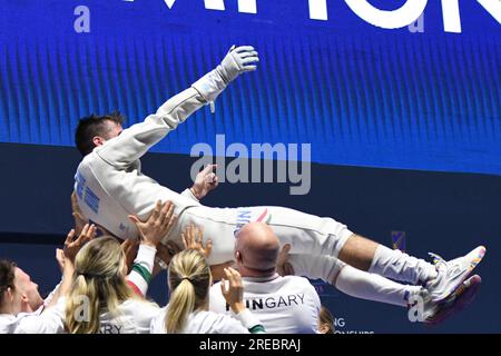 Mate Tamas Koch of Hungary celebrates after winning the 2023 FIE Fencing World Championship Men's Epee Final match against Davide Di Veroli of Italy in Milano, Italy on July 26, 2023. (Photo by Tadashi MIYAMOTO) Stock Photo