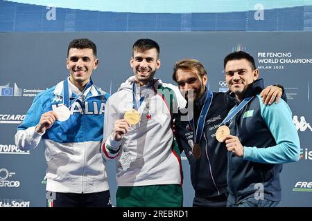 Champion Mate Tamas Koch of Hungary (2ns R) celebrates with second Davide Di Veroli of Italy (L), third place Romain Cannone of France and Ruslan Kurbanov of Kazakhstan during the 2023 FIE Fencing World Championship Men's Epee medal ceremony in Milano, Italy on July 26, 2023. (Photo by Tadashi MIYAMOTO) Stock Photo