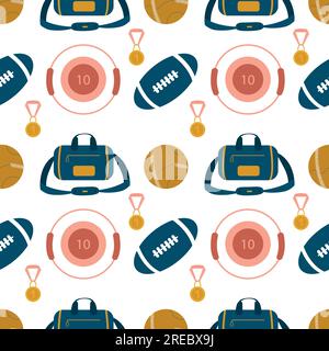Seamless pattern. Various sports equipment. Fitness equipment, gym accessories. Dumbbells, fitness tracker, bag, medal hoop ball Healthy lifestyle Stock Vector