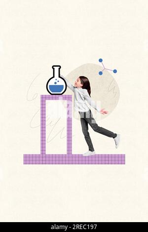 Creative poster collage of excited little smart intelligent clever chemistry flask experiment search subject molecules unusual fantasy Stock Photo