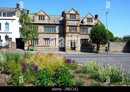 Front view of the Chard Preparatory School with a flowerbed in the foreground, Chard, Somerset, UK, Europe. Stock Photo