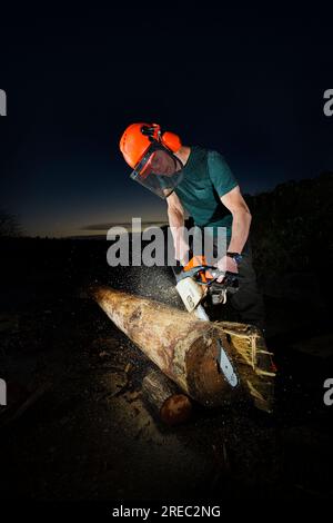 A Man cutting a tree trunk in half lengthways with a chainsaw under a floodlight Stock Photo