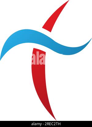 Red and Blue Curvy Sword Shaped Letter T Icon on a White Background Stock Vector