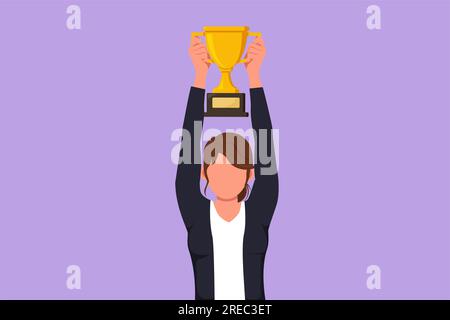 Cartoon flat style drawing businesswoman wearing blazer holding up golden trophy with both hands. Company performance. Winning business competition or Stock Photo