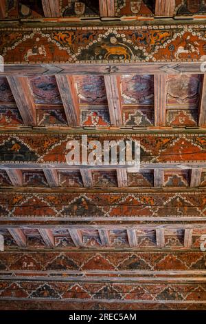 Mudejar coffered ceiling from the 14th century, cloister of Santo Domingo de Silos, Burgos province, Spain Stock Photo